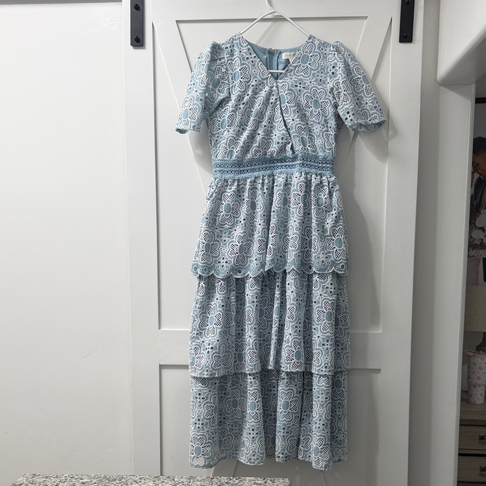 Just Me Light Blue Floral Lace Tiered Maxi Dress